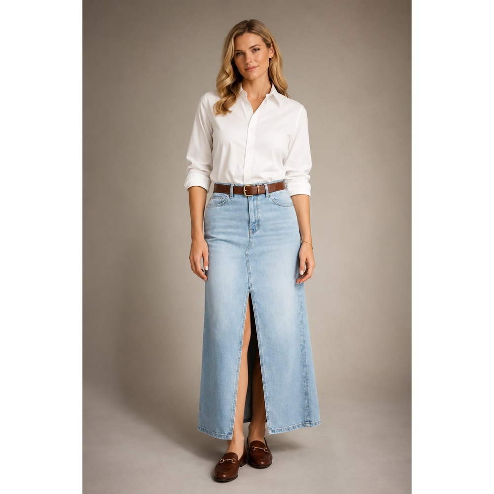 LUCKY BRAND New Denim Maxi Skirt 6/28 Light‎ Wash Front Slit Women's 100% Cotton